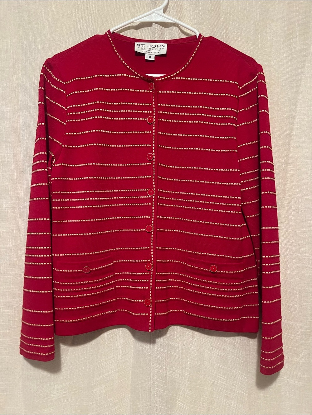 St. John Collection Red Santana Knit Cardigan Gold Stripe Button Jacket M USA